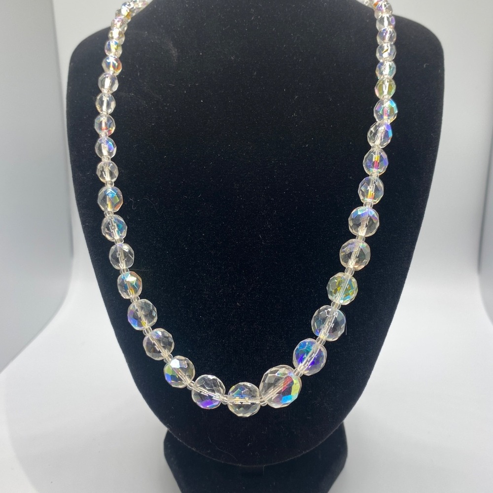 Vintage Faceted Graduated Bead Necklace 24" Clear Iridescent Beads Lobster Clasp